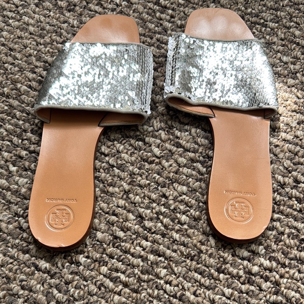 Tory Burch Silver Slide Sandals with Metallic Finish